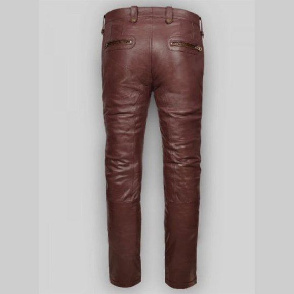 Men's Real Leather Red Brown Moto Motorcycle Rocker Johnny Silverhand Pants 30 - Picture 3 of 4